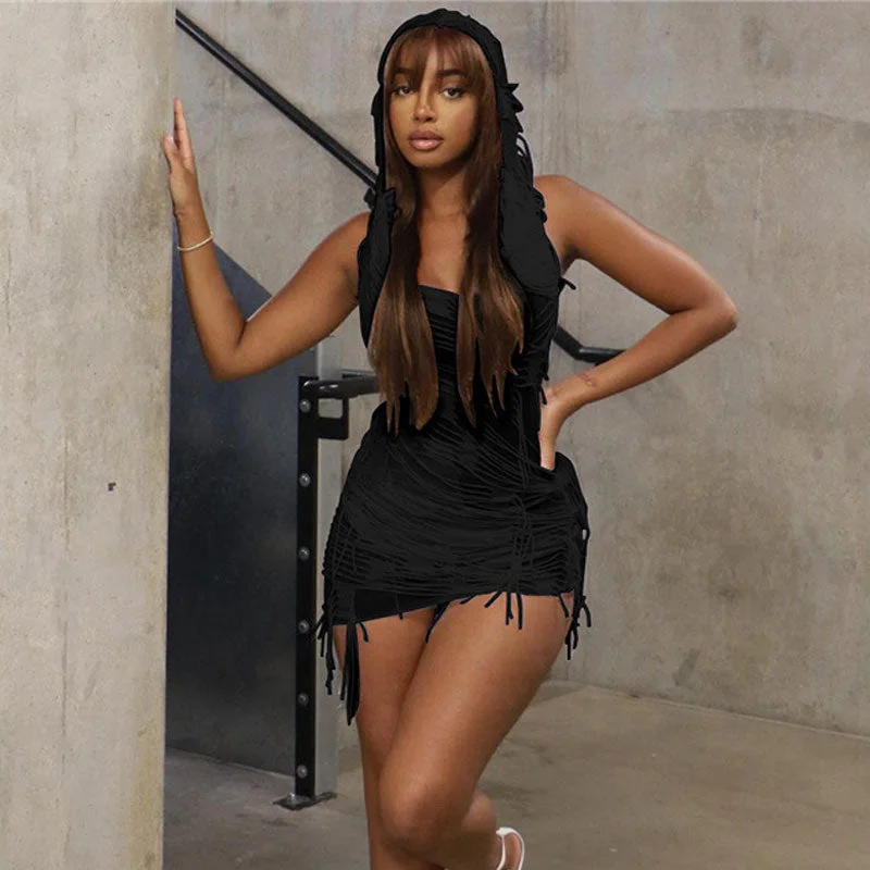 BerryBetty - Street Style Distressed Sleeveless Low Back Hooded Mini Dress - Black Chic Tropical Mini Dress