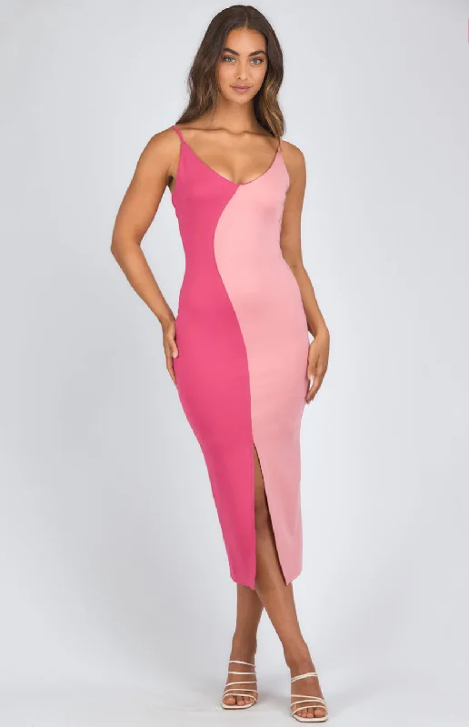Block Colour Midi Dress With Front Split Detail Trendy Flared Sleeve Midi Dress