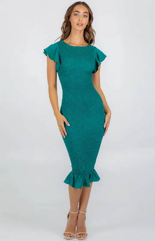 Shirred Midi Dress with  Butterfly Sleeve Fashionable High-Neck Midi Dress
