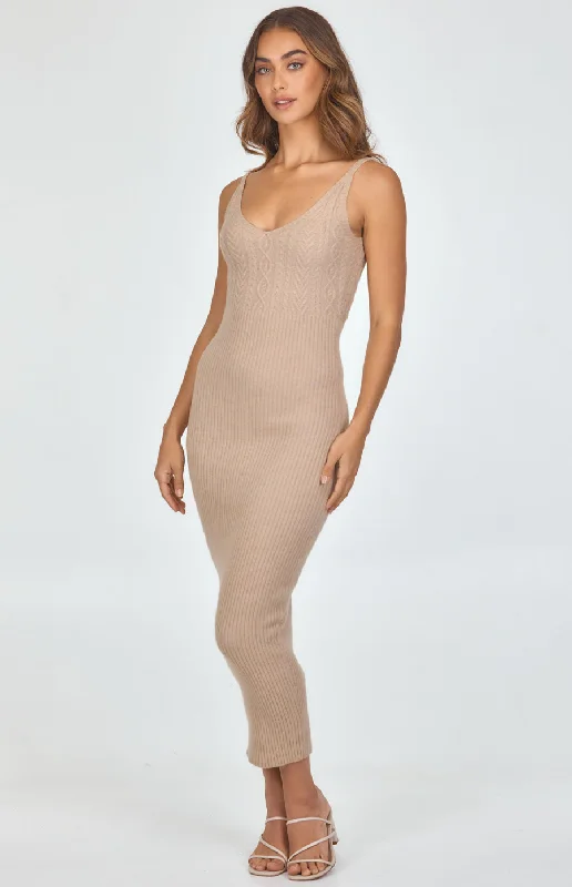Cable Texture Singlet Strap Knit Midi Dress Fashionable A-Line Midi Dress