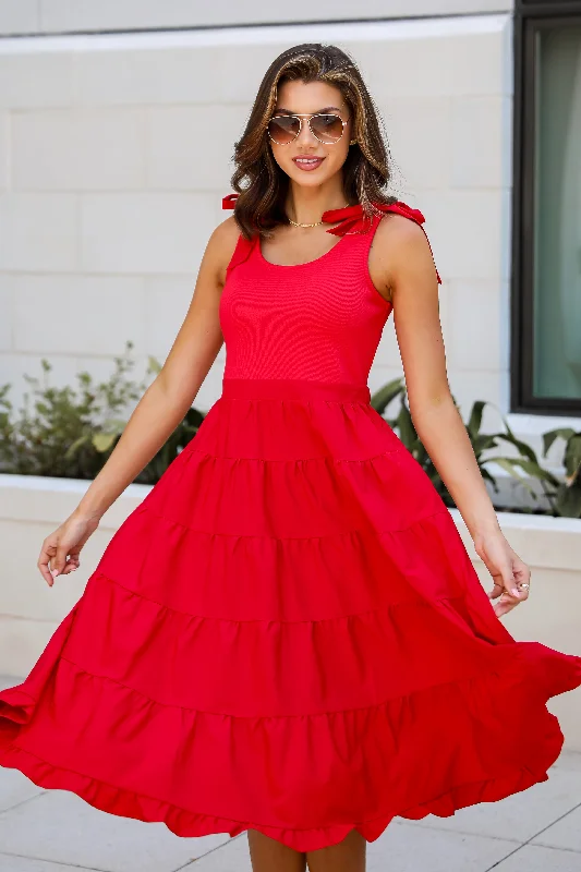Sweet Daylight Red Tiered Midi Dress Trendy Floral Wrap Midi Dress