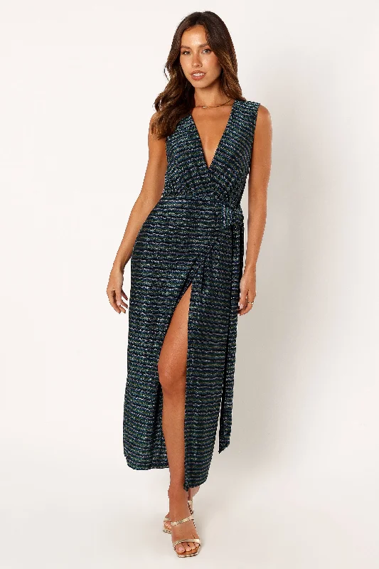 Tahlia Wrap Midi Dress - Blue Gold Stripe Fashionable Wide Leg Midi Dress