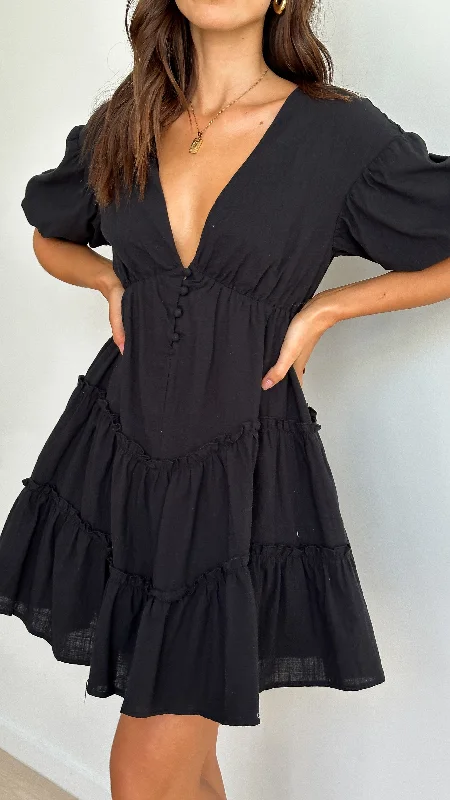 Tamia Mini Dress - Black Chic Pleated Mini Dress
