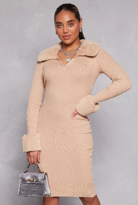 Almost Famous Faux Fur Collar Midi Dress Comfortable Draped Midi Dress
