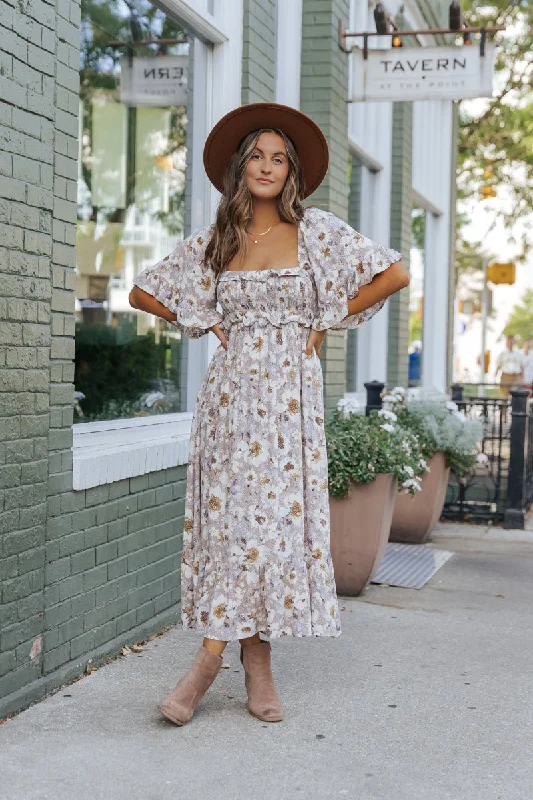 Taupe Floral Print Ruffle Sleeve Midi Dress Cozy T-shirt Midi Dress