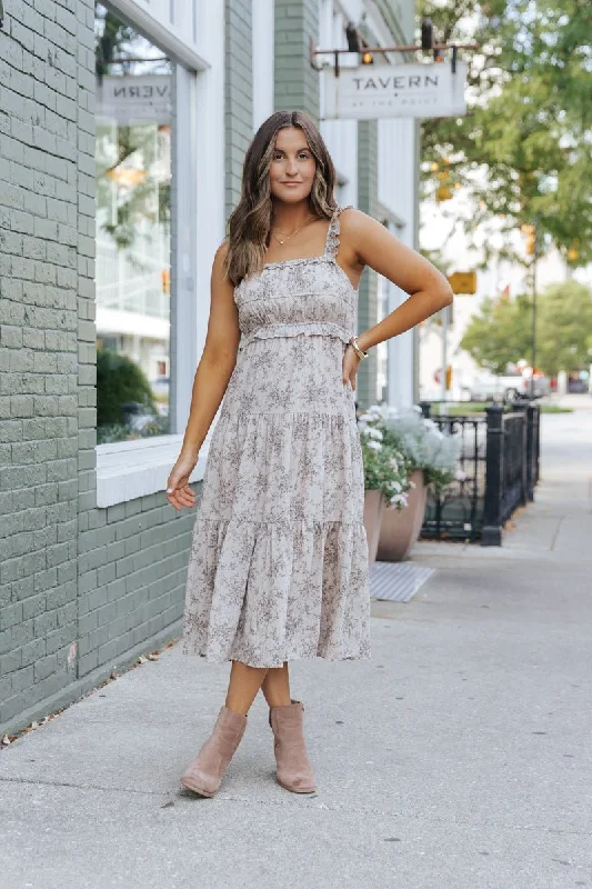 Taupe Print Tiered Midi Dress Stylish Button-Up Midi Dress