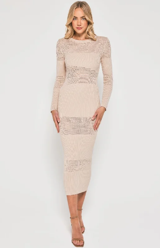 Textured Contrast Panel Knit Midi Dress Fashionable High-Low Midi Dress