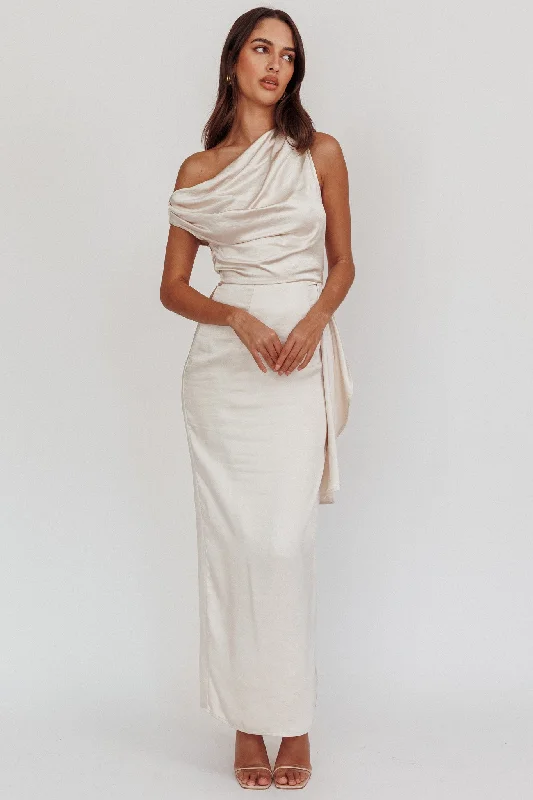 Tova Draped One-Shoulder Maxi Dress Champagne Trendy Maxi Dress with Lace