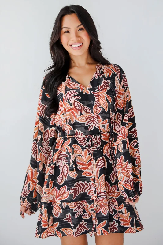 Undeniable Delight Black Leaf Print Mini Dress Cozy Knit Mini Dress