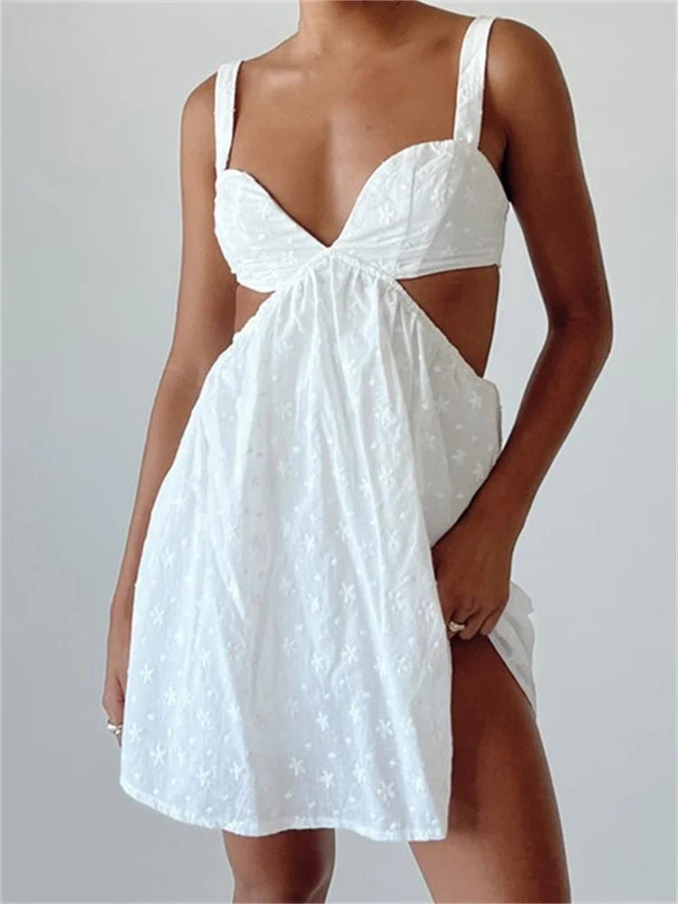 V-Neck Sleeveless Backless Hollow Out Lace Mini Dresses Classic Shift Mini Dress