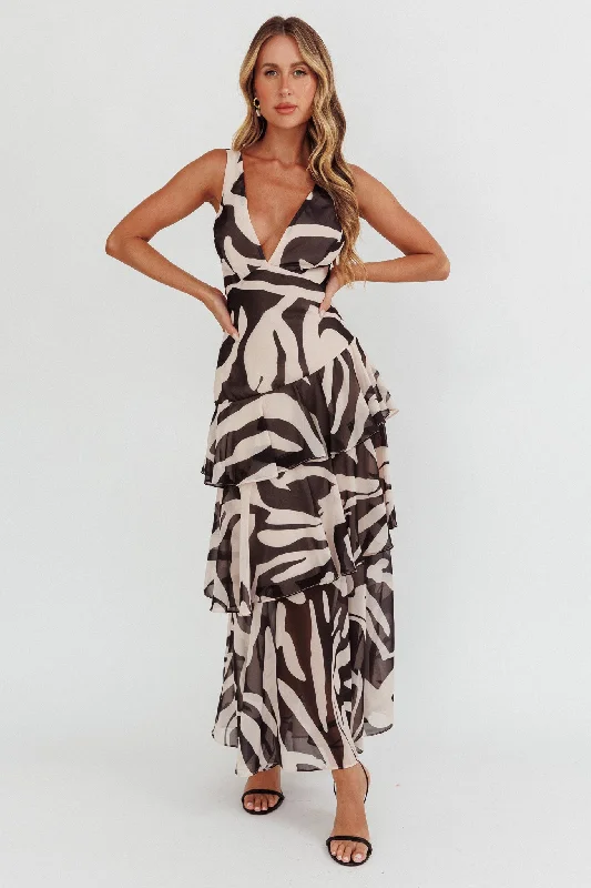 Veda Strappy Back Ruffle Maxi Dress Print Black Cozy Maxi Dress with Slit