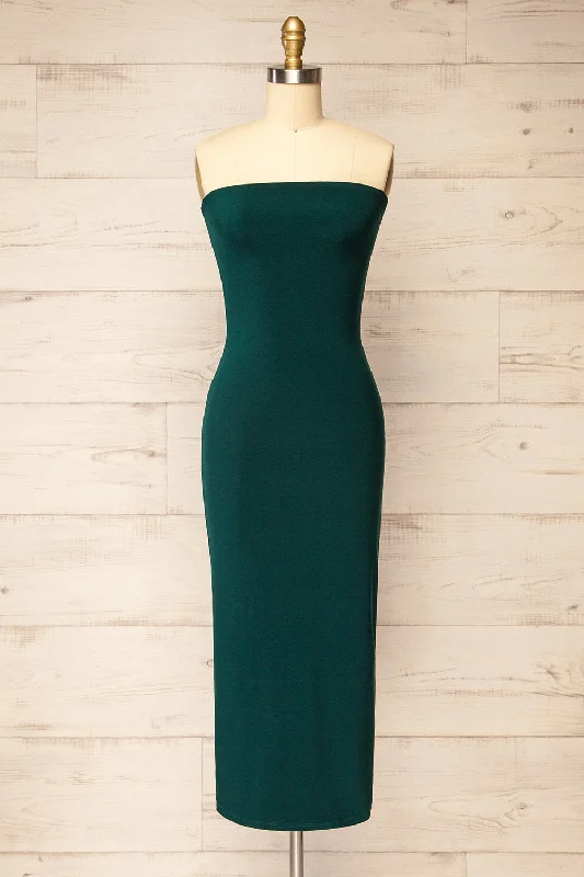 Victorya Green | Strapless Fitted Midi Dress Trendy Ruffled Sleeve Midi Dress