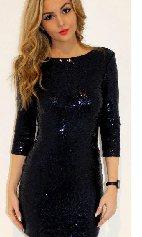 Vinci Padded Sequin Mini Dress - Black Cozy Satin Mini Dress