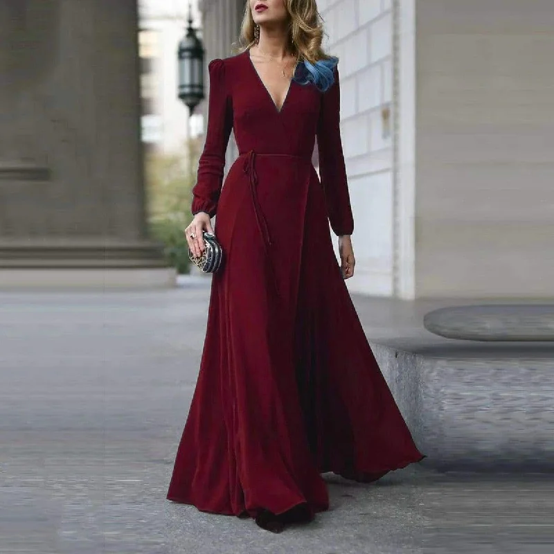 FashionSierra - Women Lady V Neck Long Sleeve Maxi Dress Fashionable Chiffon Tiered Maxi Dress