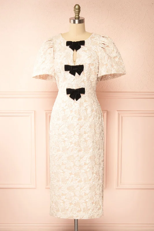 Viviana | Textured Floral Midi Dress w/ Bows Trendy Ruched Side Midi Dress