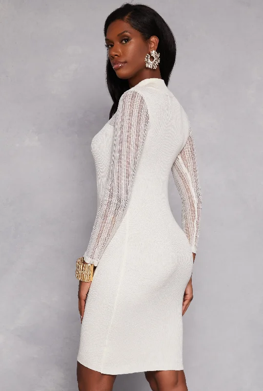 Shadow Stripe Lurex Mesh Mock Neck Midi Dress Elegant Puff Sleeve Midi Dress