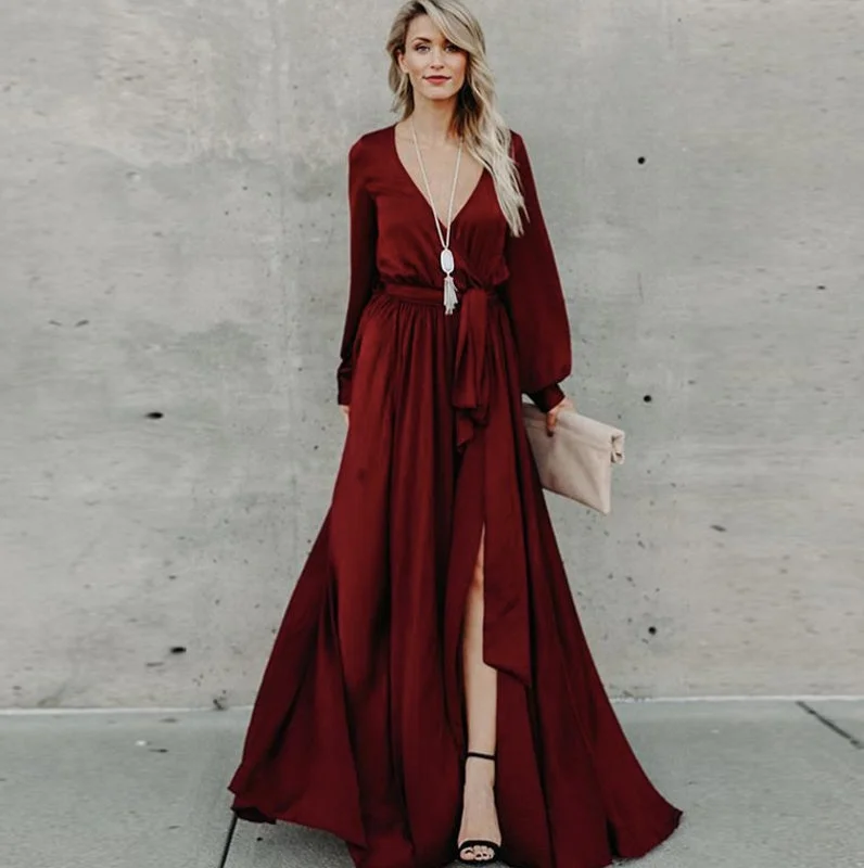 KittenAlarm - Women Casual Long Sleeve V Neck Slit hem Maxi Dress Belted Solid Color Ladies Elegant Long Dress Stylish Longline Maxi Dress