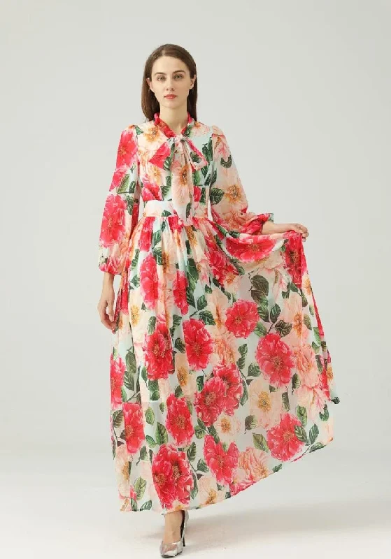 FashionSierra - Lace Up Bow Collar Long Sleeves Floral Printed Maxi Dress Comfortable Ruffle Maxi Dress FashionSierra - Lace Up Bow Collar Long Sleeves Floral Printed Maxi Dress Comfortable Ruffle Maxi Dress