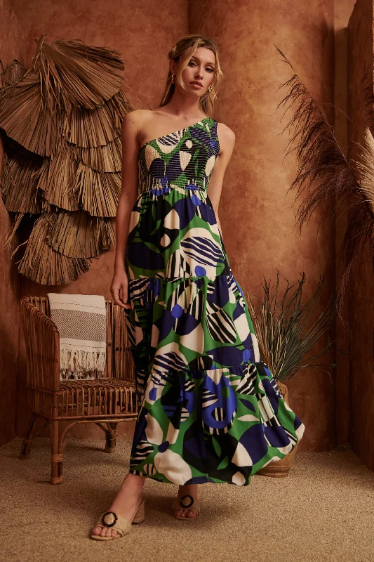 Xandria Geometric Smocked One Shoulder Lys Maxi Dress Classic V-Neck Maxi Dress