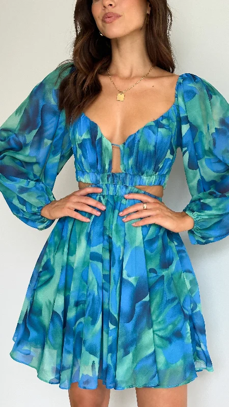 Xarissa Mini Dress - Blue / Green Print Stylish Spaghetti Strap Mini Dress