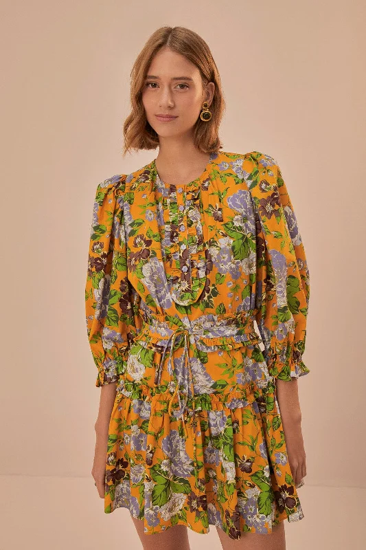 Yellow Capri Floral Short Sleeve Mini Dress Comfortable Smocked Mini Dress