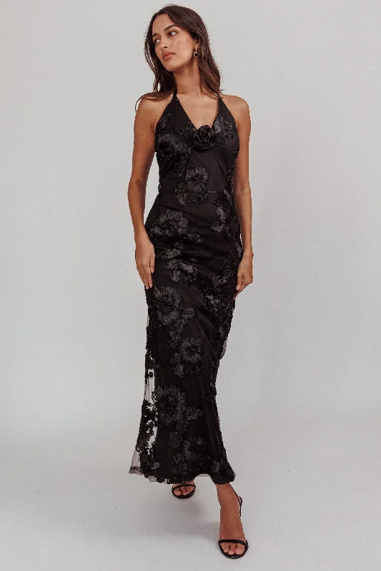 Your Affections Rosette Ribbon Embellished Maxi Dress Black Fashionable Off-Shoulder Maxi Dress