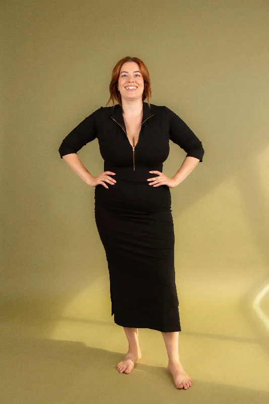 Zip Midi Dress 3/4 Sleeve in Black Stylish Silk Midi Dress