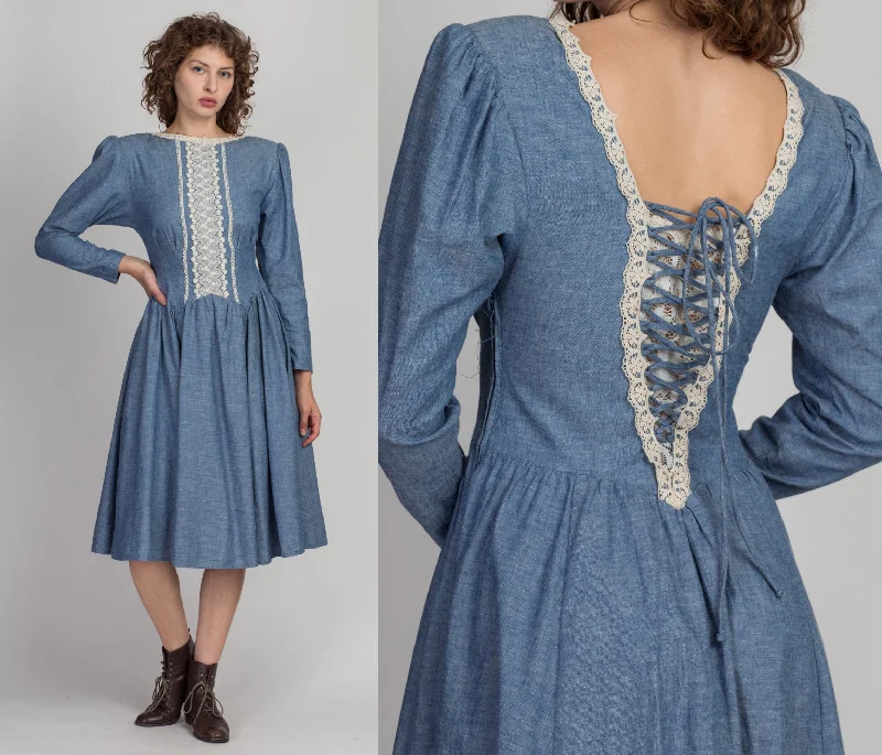 70s Gunne Sax Chambray & Lace Midi Dress - Small