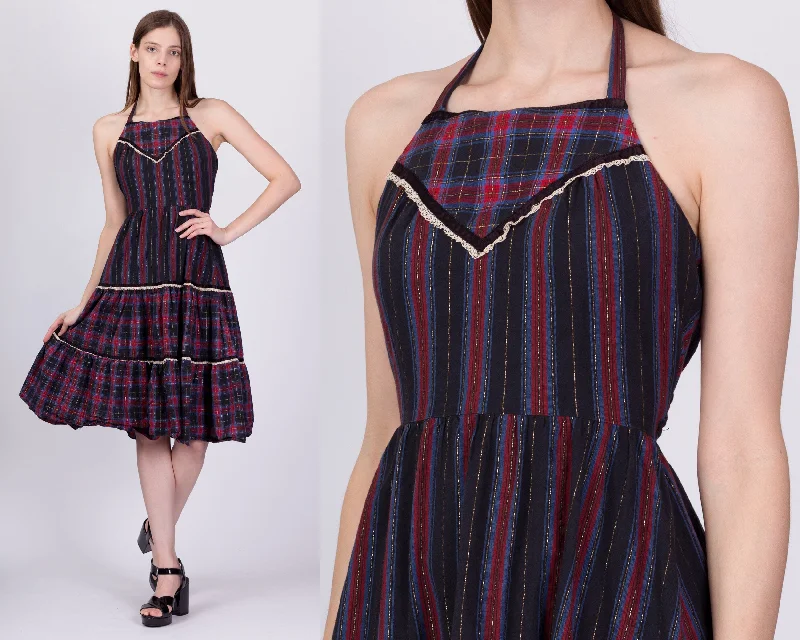 70s Plaid Tiered Halter Midi Dress - Petite Small