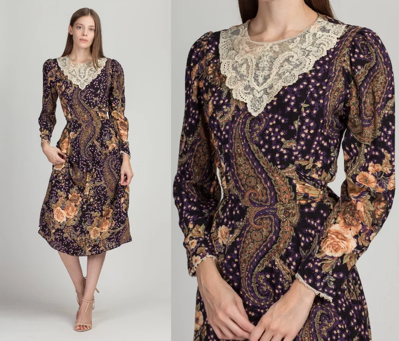 80s Lace Collar Floral Midi Dress - Small