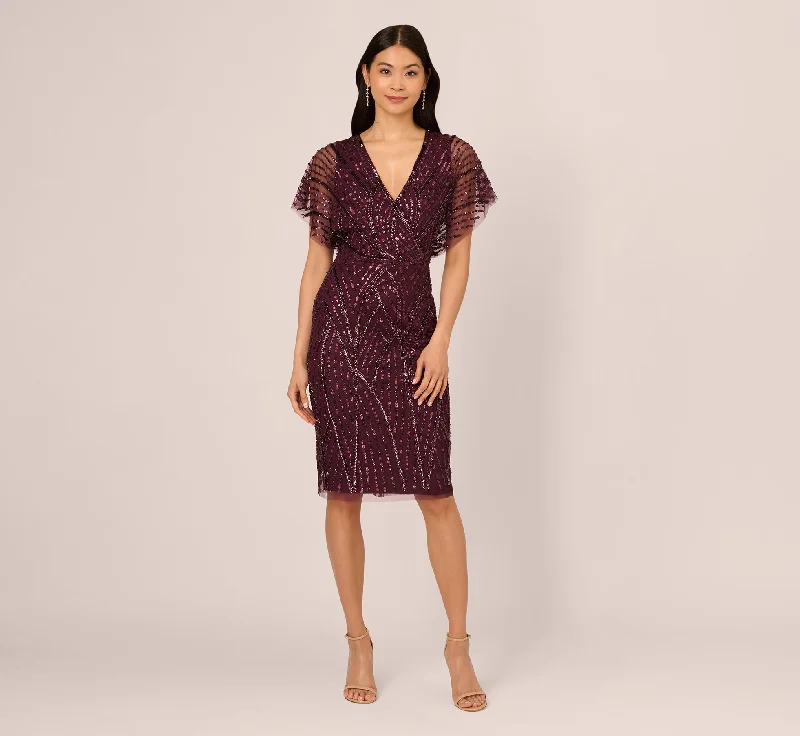 Beaded Surplice Midi Dress With Dolman Sleeves In Deep Amethyst