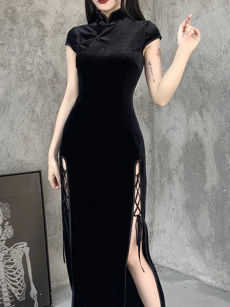 Romantic Gothic Aesthetic Vintage Black Sexy Evening Cheongsam Midi Dresses