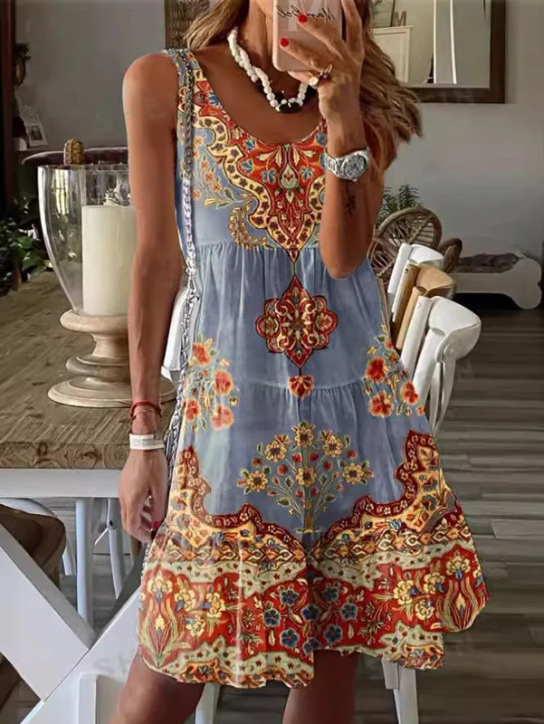 Boho Scoop Neck Floral Pattern Mini Dress Sleeveless