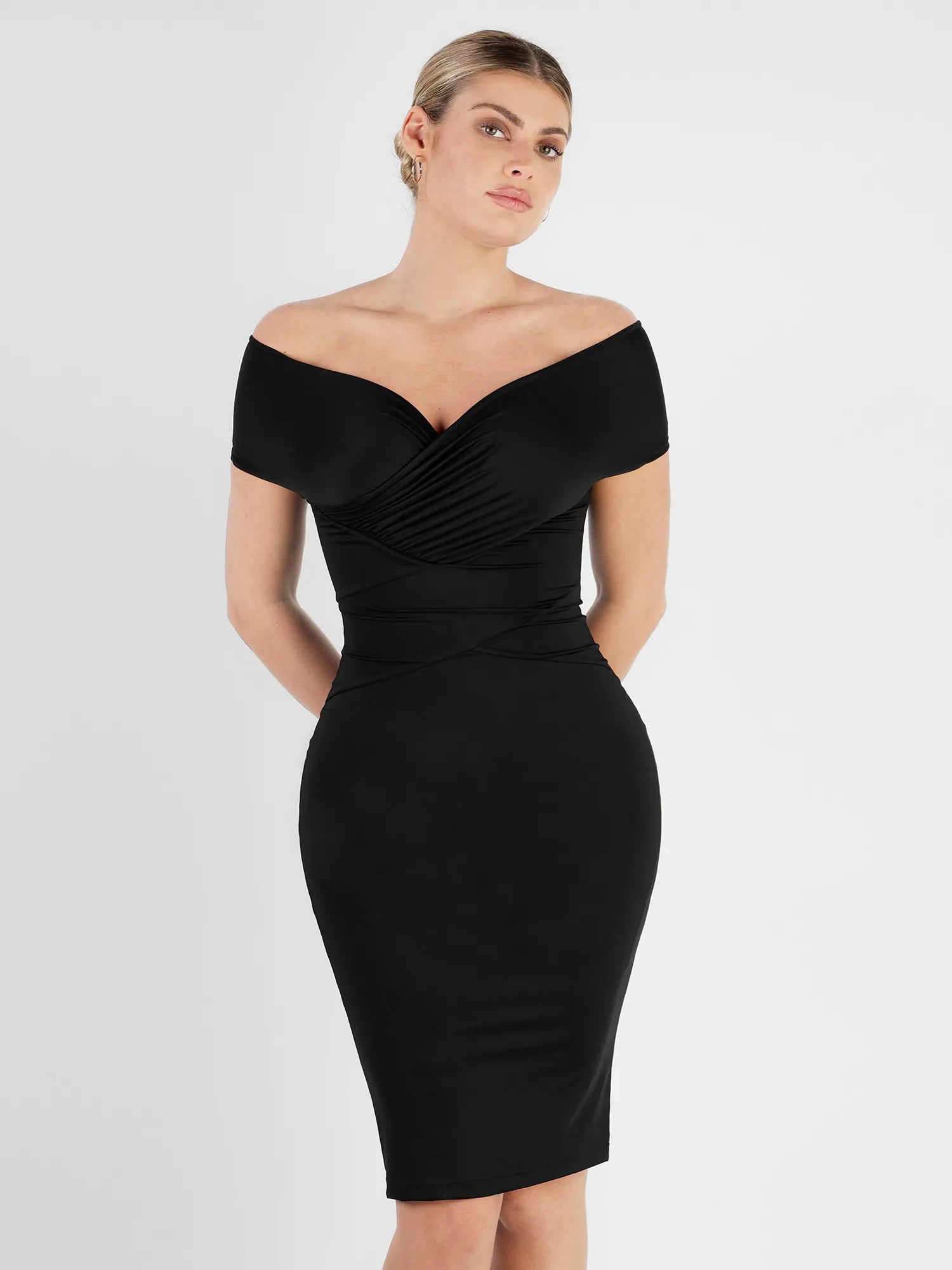 Shapewear Ruched Off-Shoulder Sculpting Midi Dress