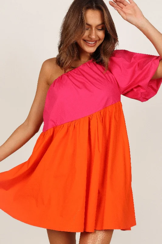 Cello One Shoulder Mini Dress - Pink/Orange