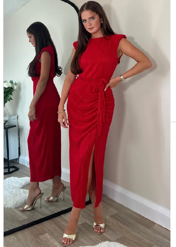 Elena Red Ruched Seamed Midi Dress