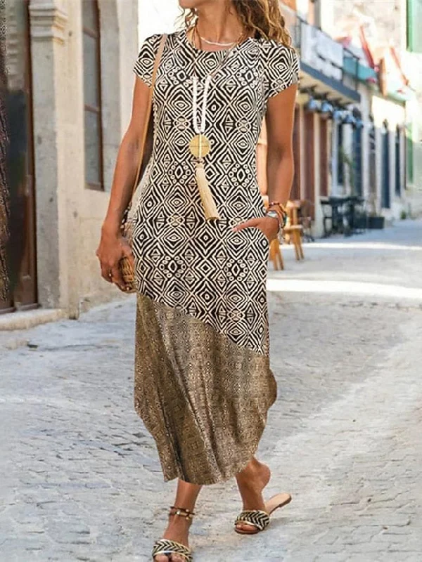 Ethnic Dress Shift Dress Boho Dress Midi Dress Khaki Short Sleeve Geometric Pocket Spring Summer Crew Neck Boho Weekend Loose Fit  S M L XL XXL for Women