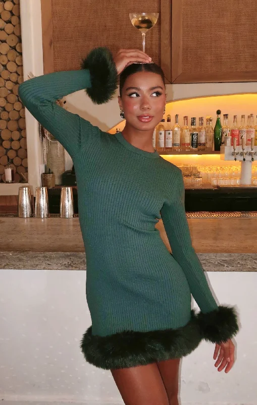 Fran Mini Dress ~ Emerald Knit with Faux Fur