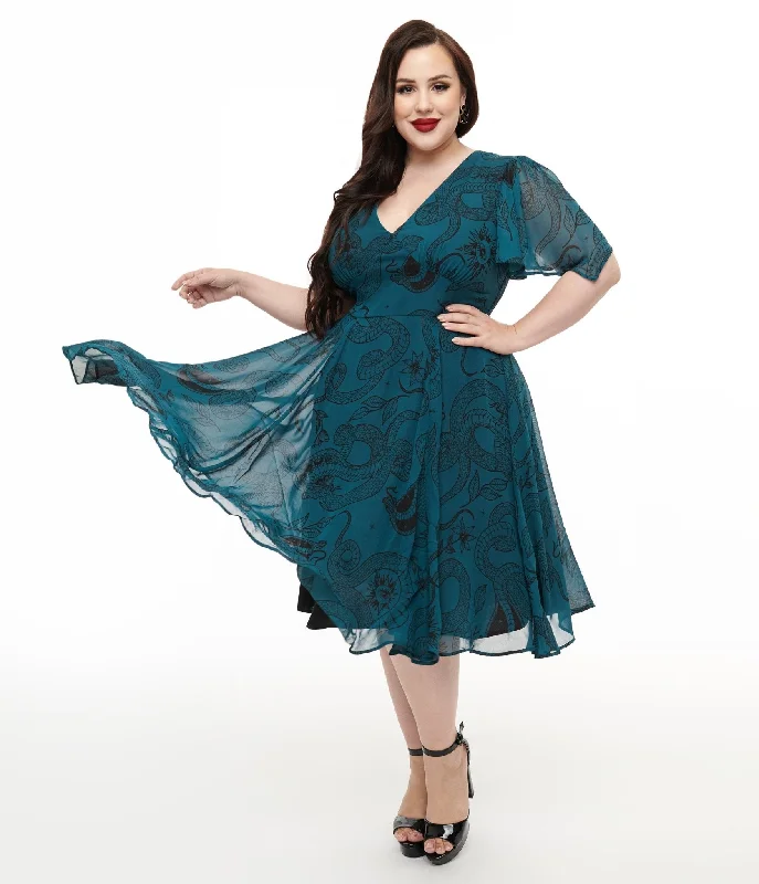 Hell Bunny Plus Size Teal Snake Venom Midi Dress