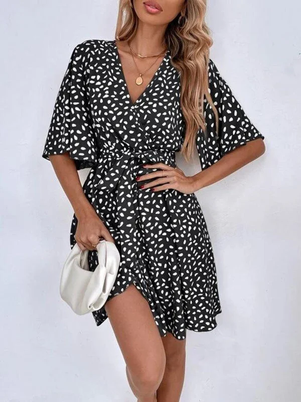 Loose Pleated Printed Ruffled Tied Waist V-Neck Mini Dresses