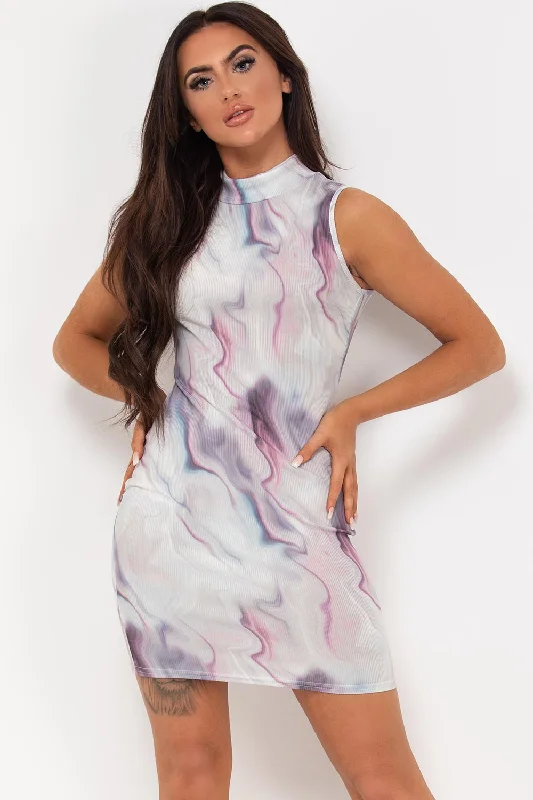 Marble Print Ribbed Bodycon Mini Dress Lilac