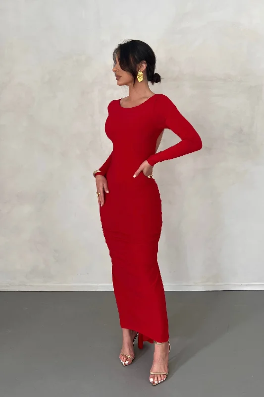 MÉLANI The Label CAMILA Red Long Sleeve Backless Semi Formal Midi Dress