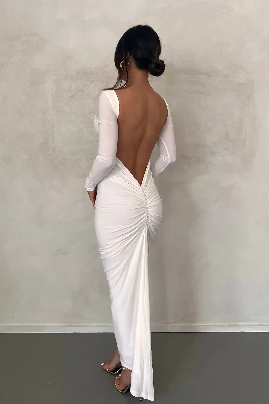 MÉLANI The Label CAMILA White Long Sleeve Backless Semi Formal Midi Dress