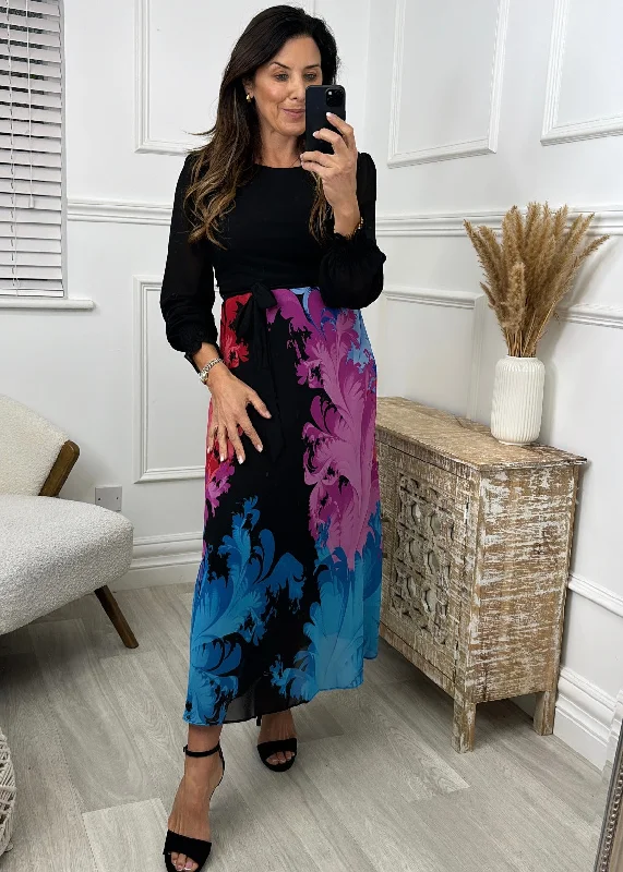 Myrtle Black Contrast Print Midi Dress