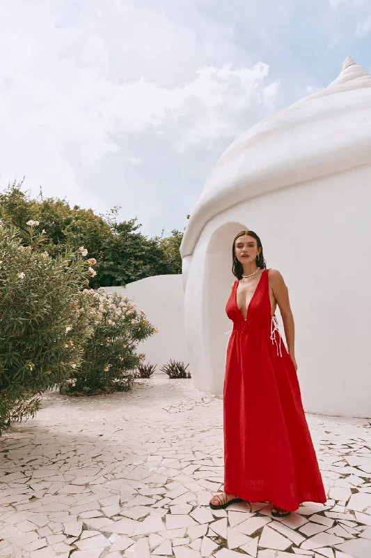 Paros Palms Linen Midi Dress Red