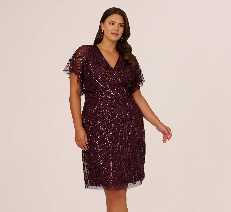 Plus Size Beaded Surplice Midi Dress With Dolman Sleeves In Deep Amethyst