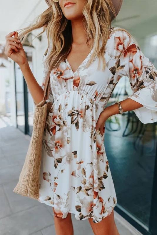 Printed Lace Up Lapel Waist Short Sleeved Midi Dress