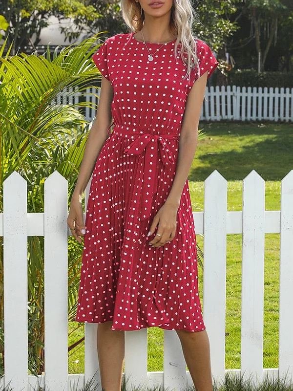 Short Sleeve Pleated Midi Dress with Polka Dots