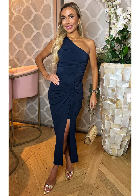 Sue Navy One Shoulder Midi Dress