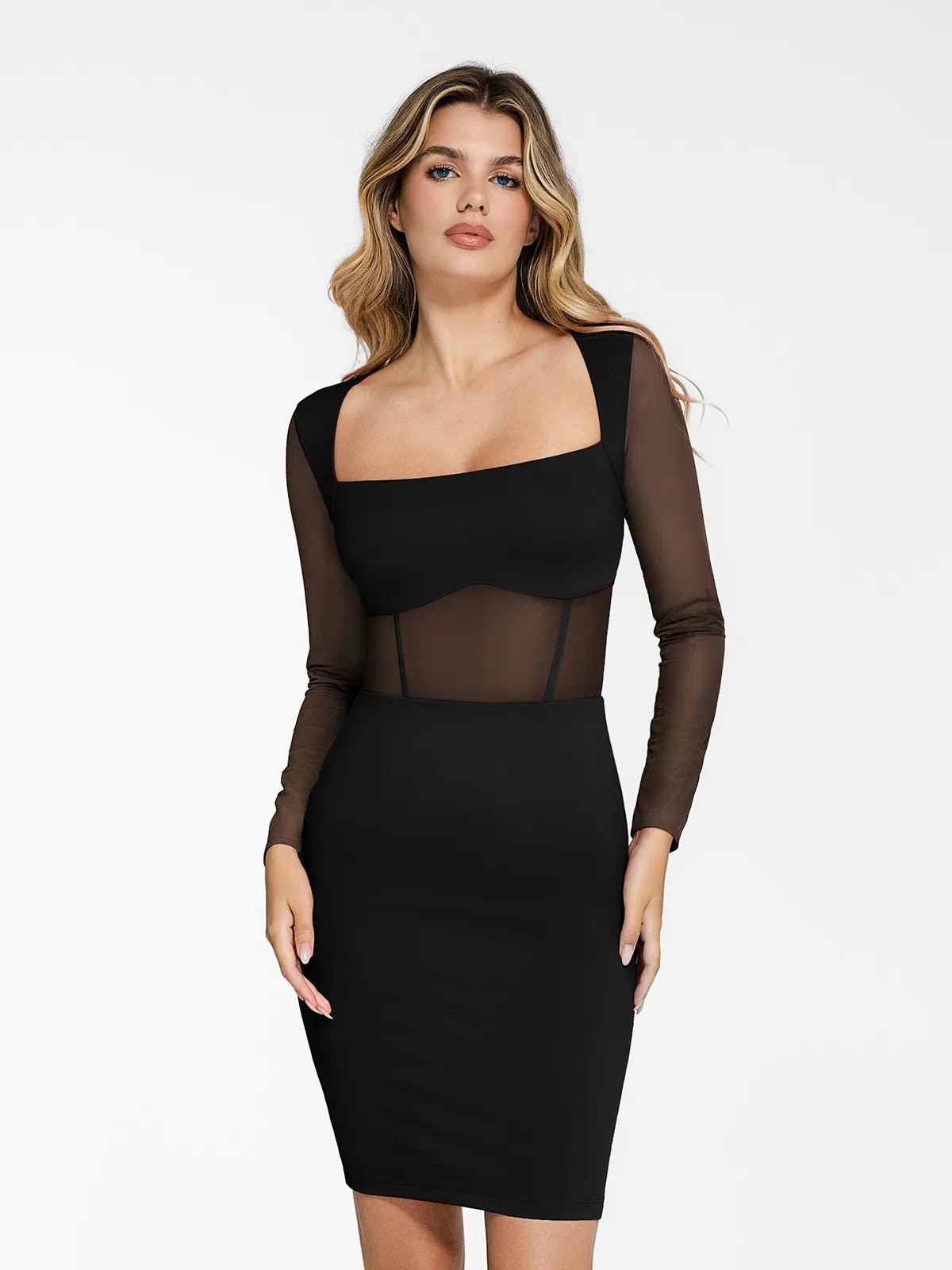 Shapewear Long Sleeve Mesh Inset Bodycon Midi Dress